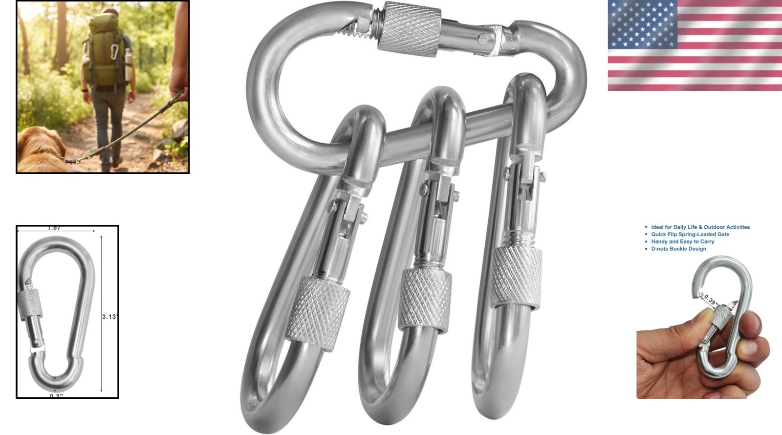 Durable Chrome Plated Locking Carabiners - 4 Pack for Camping & Everyday Tools