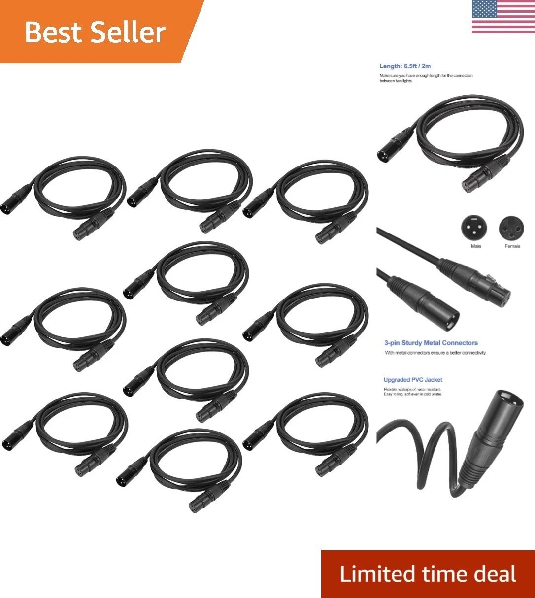 High-Quality 6.5ft DMX Signal Cables - 10 Pack, Ideal for Lighting Fixtures
