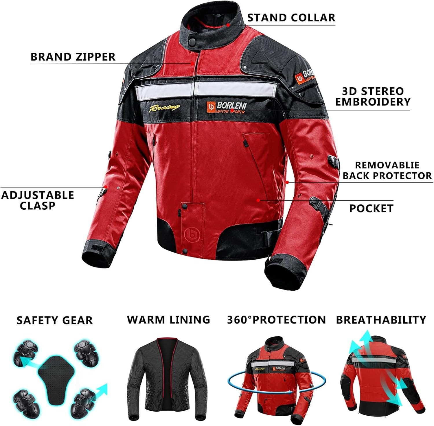 BORLENI XL Motorcycle Riding Jacket Windproof Full-Body Protective Armor Gear