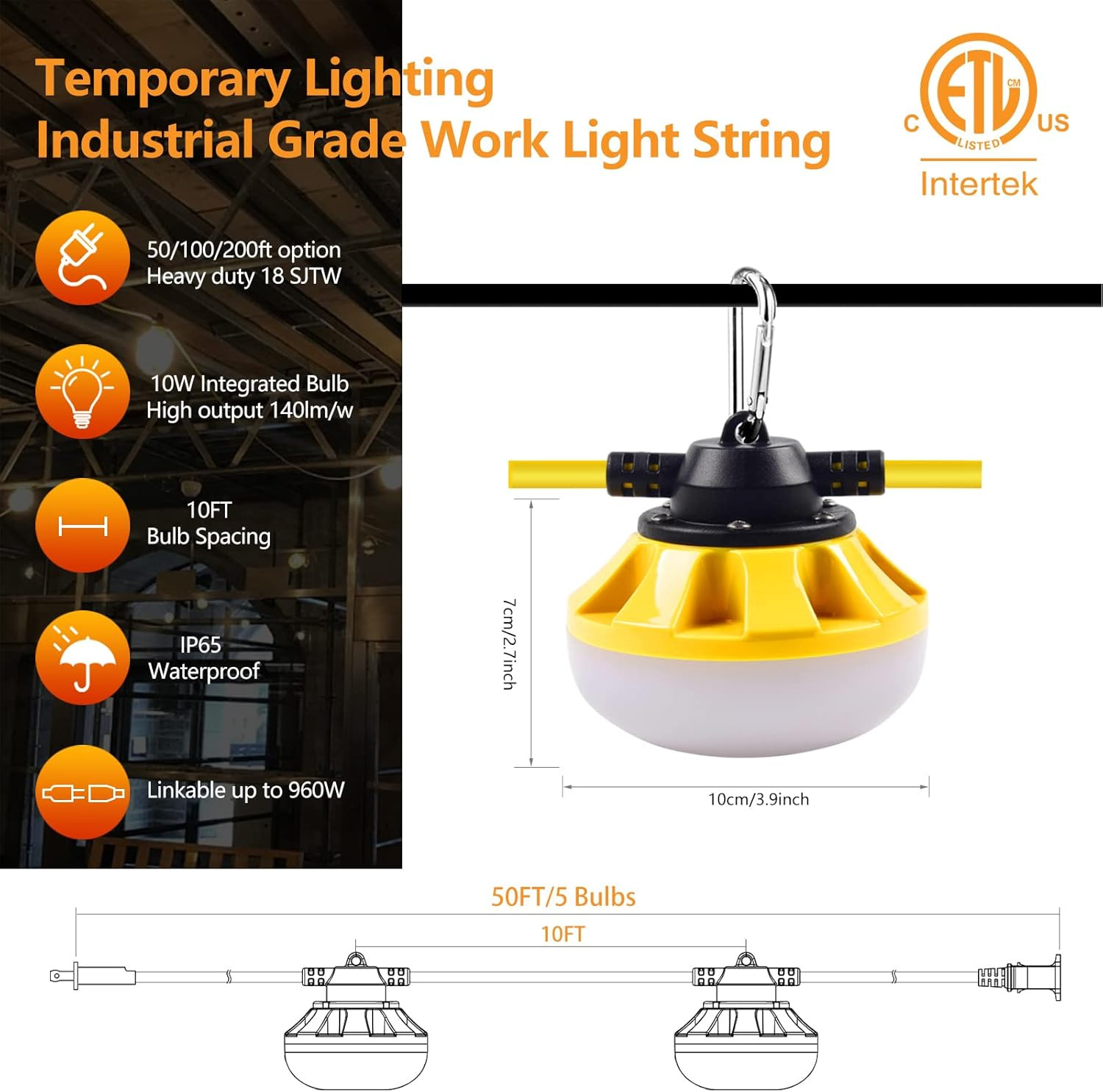 50FT Construction String Lights LED Industrial Grade Best for Construction Sites