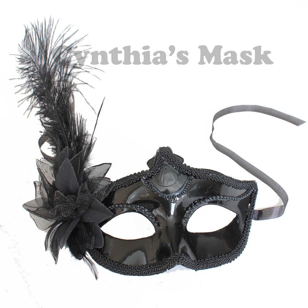 Black Shiny Metallic Venetian Masquerade Mask w/Ostrich Feather Prom Party