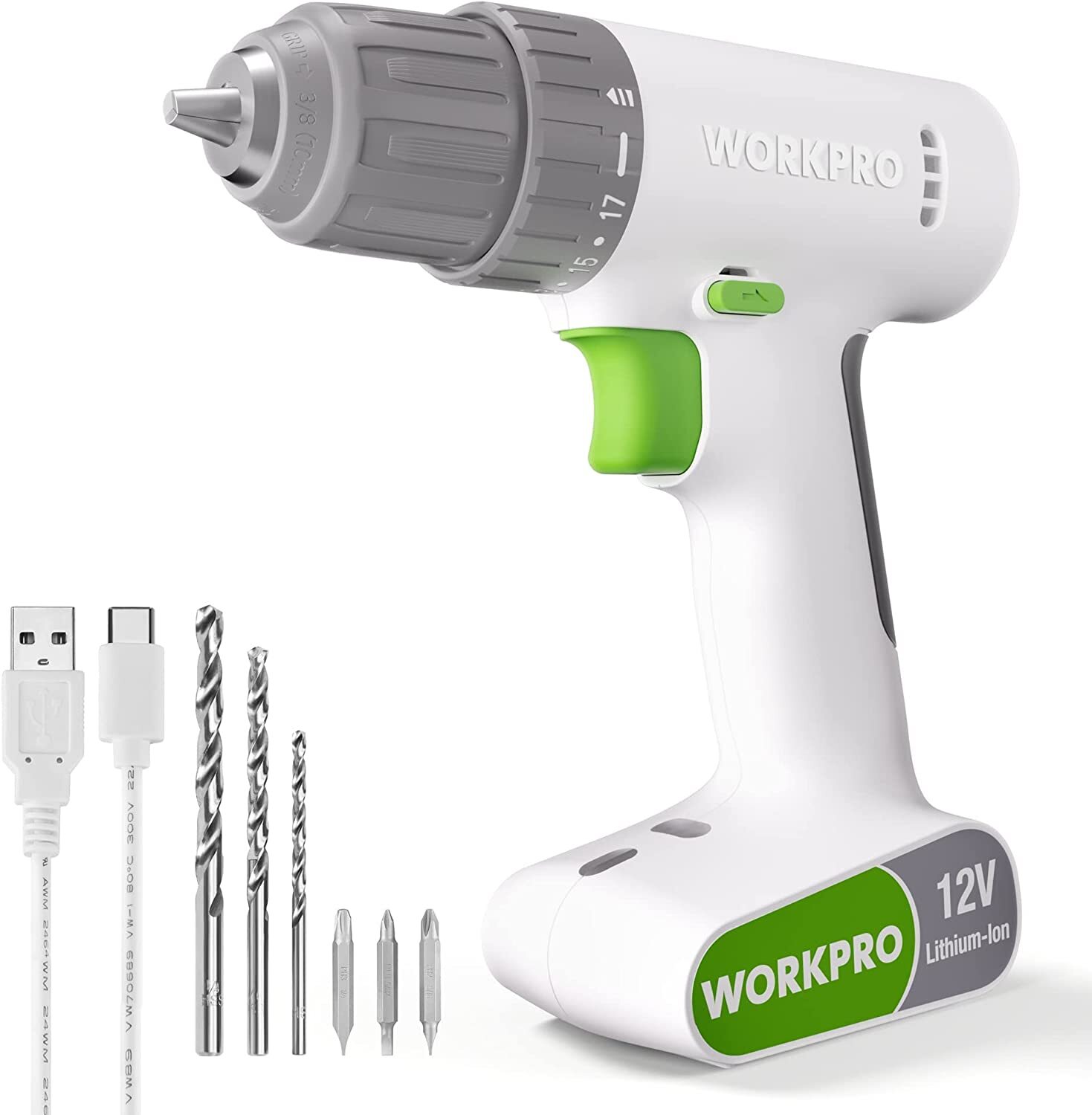 WORKPRO 12V Cordless Drill Driver Set Electric Power Drill Tool Kit w/6 Pcs Bits