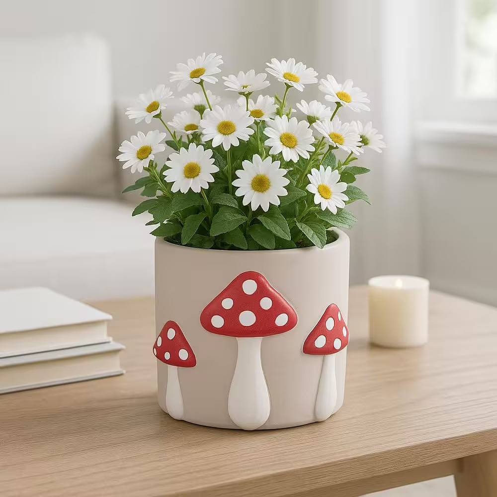 Red Ceramic Magic Mushroom Applique Planter (6 In. W X 5 In. H)