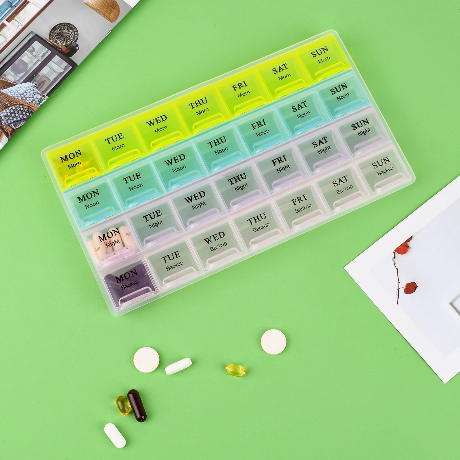 7-day weekly pill organizer, pillbox for 4 daily uses