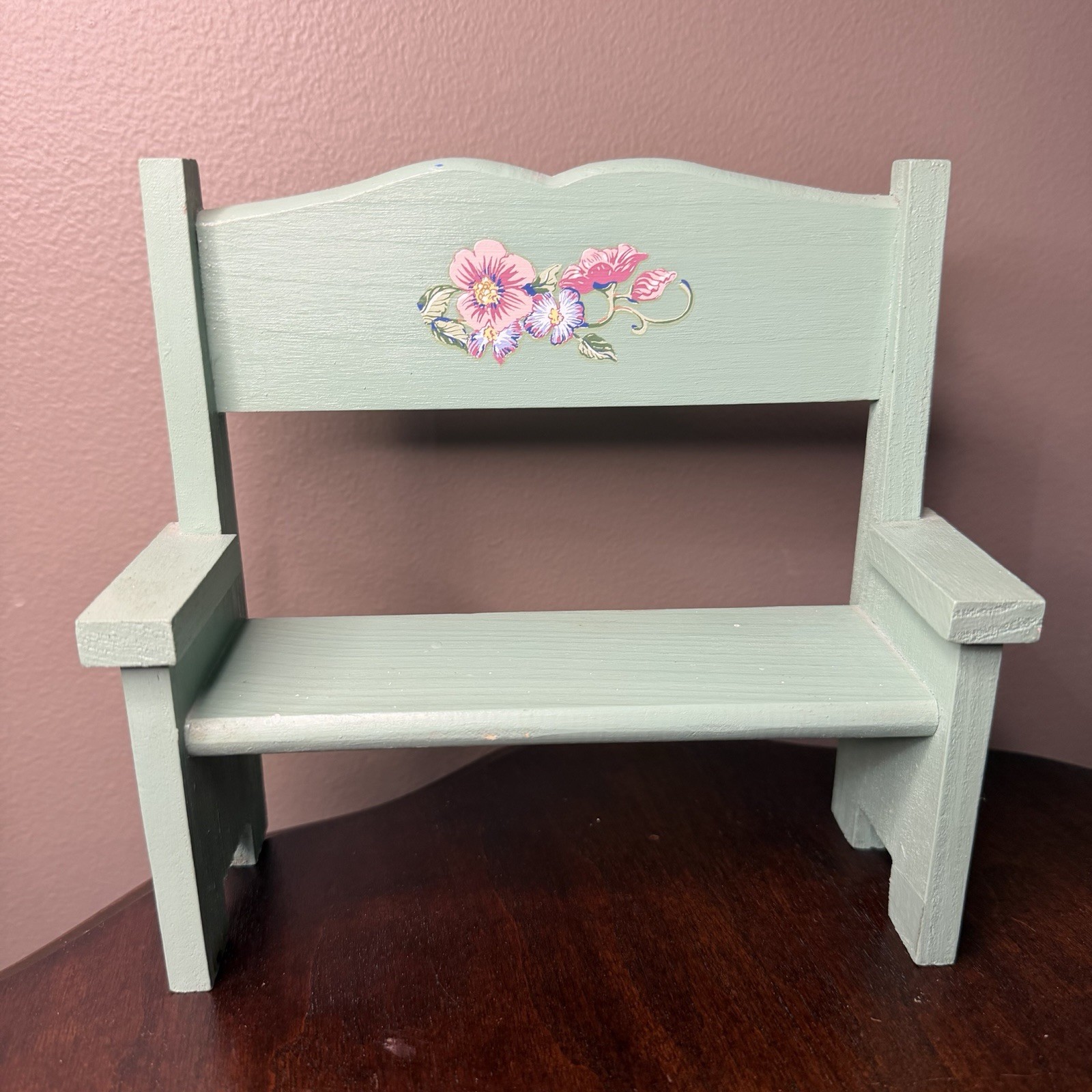 Vintage Hand Painted Wooden Mini Bench Floral Design 7” x 7” Cottage Decor