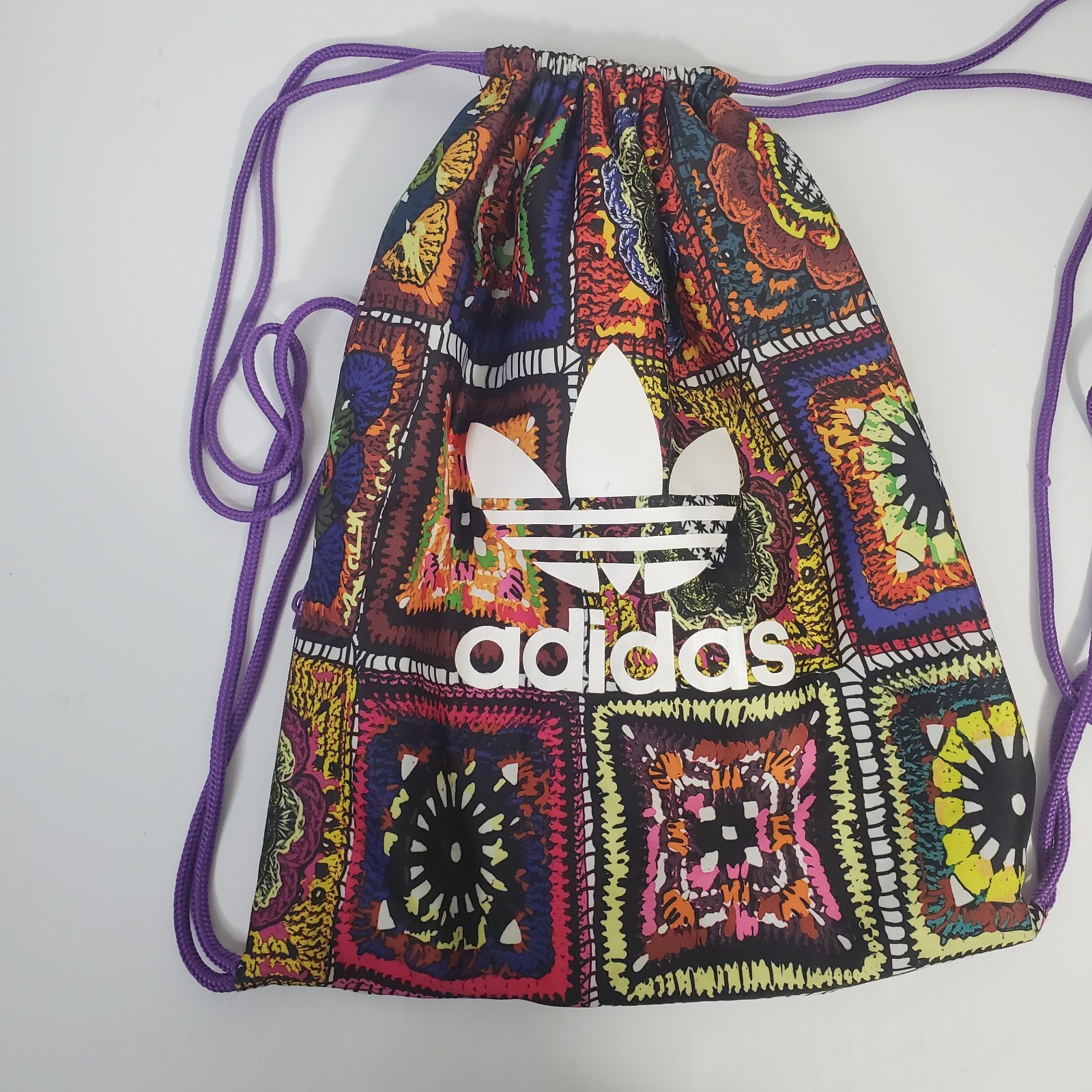 Adidas OG Crochita Gym Bag Drawstring Backpack Knapsack Faux Granny Square