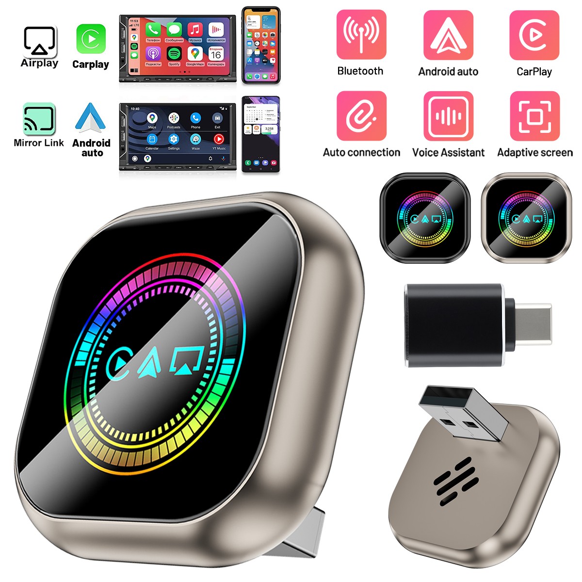 4-in-1 Wireless CarPlay Adapter for Apple CarPlay Android Auto AirPlay Mini US