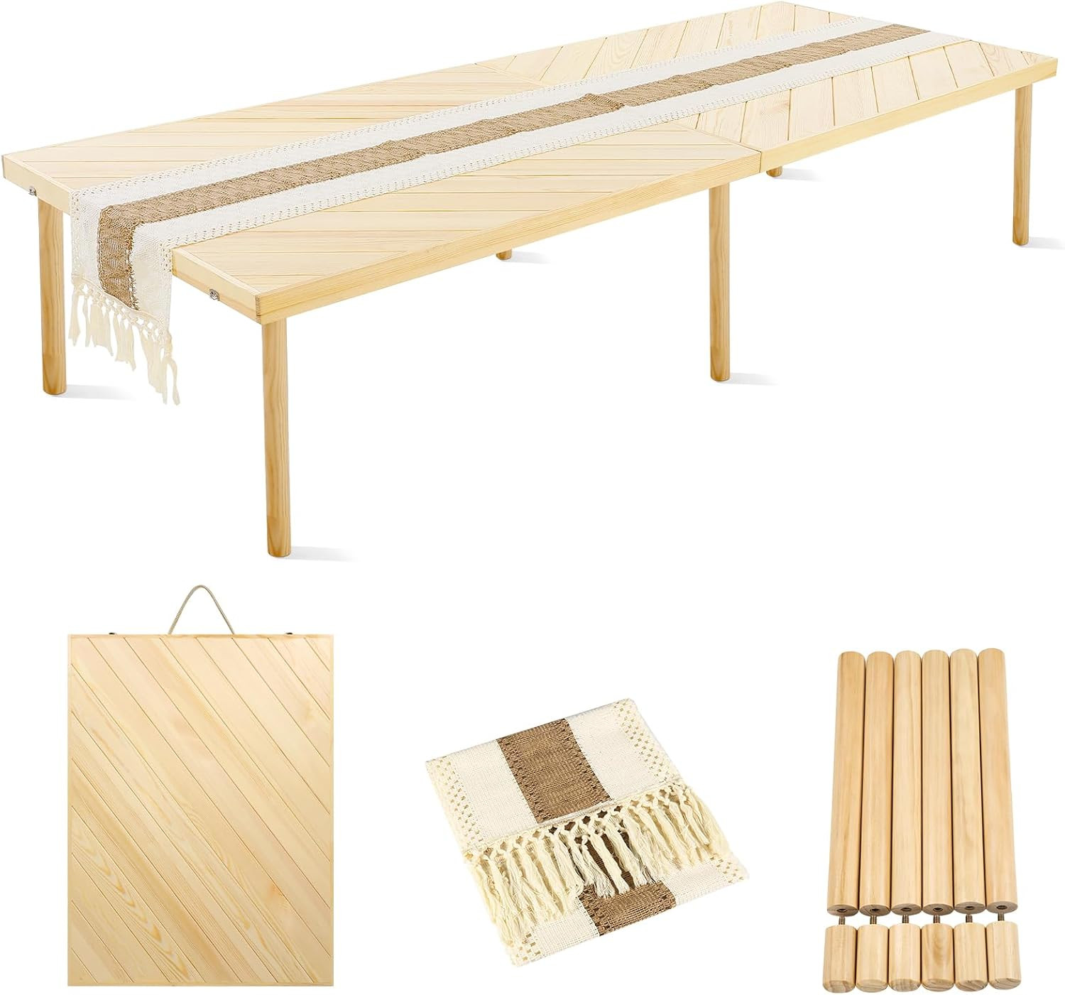 Folding Picnic Table with Table Runner, Portable Boho Low Picnic Table for Indoo