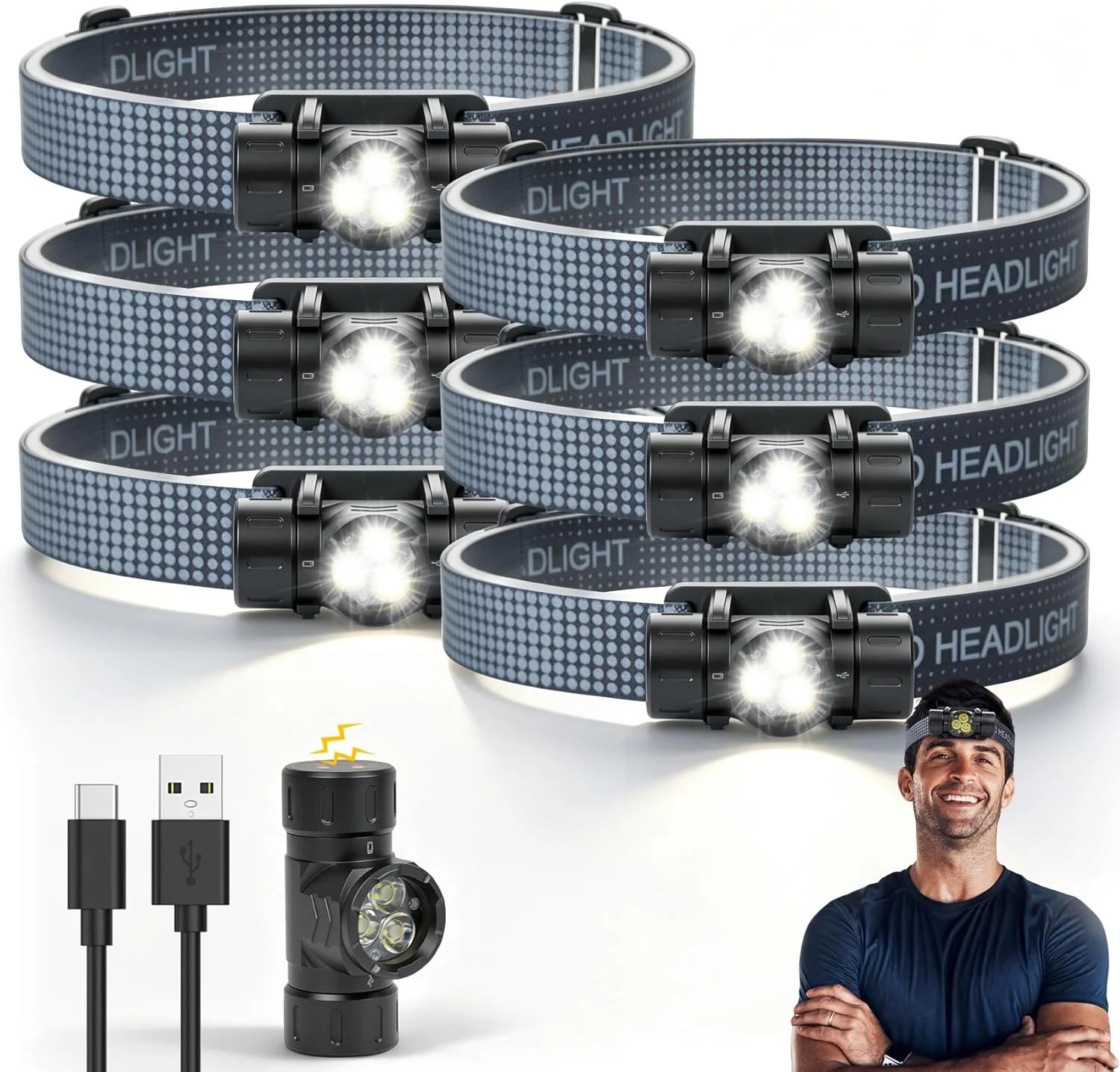 Rechargeable Headlamp 6PCS, Super Bright LED Headlamp with 4 Modes, 180° Adjusta