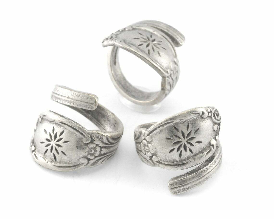 Spoon Wrap Ring Flower Patterned Antique silver plated Brass 7US Adjustable 4064