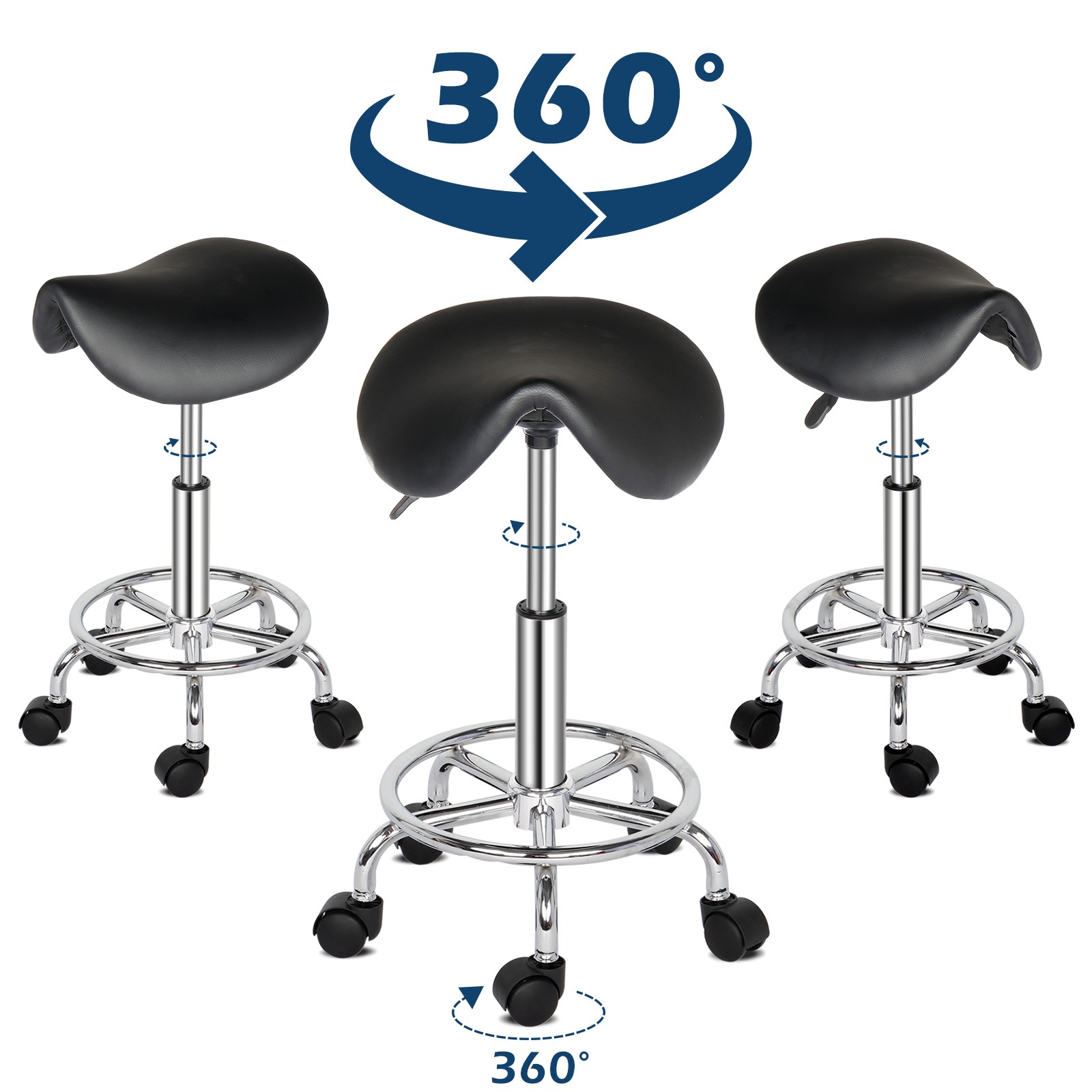 360° Swivel Bar Stool, Black PU Leather, 5 Casters, 20-25.6" Height Adjustable