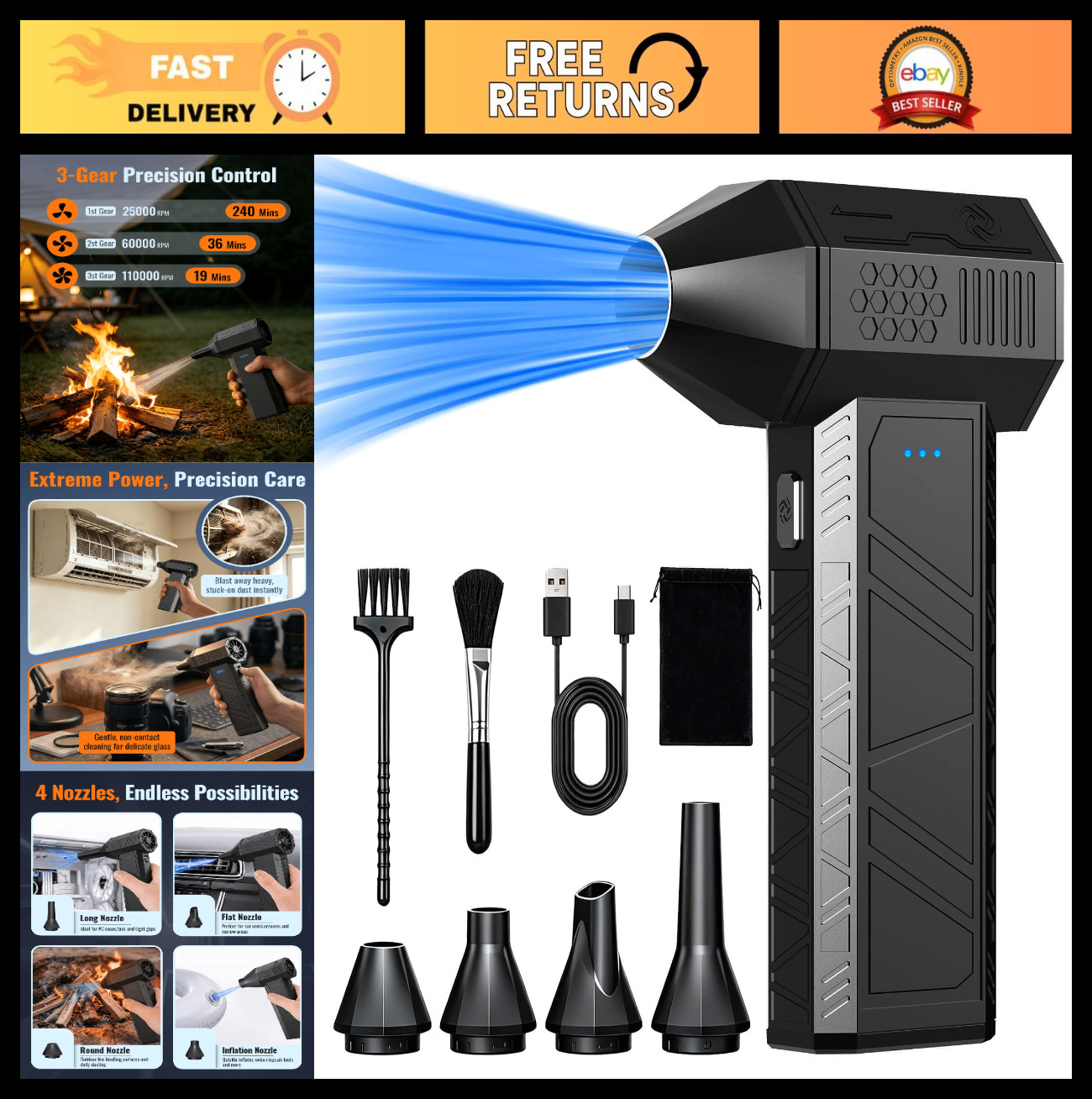 High-Power Cordless Compressed Air Duster - 110,000 RPM, 3-Speed, Fast Charging,