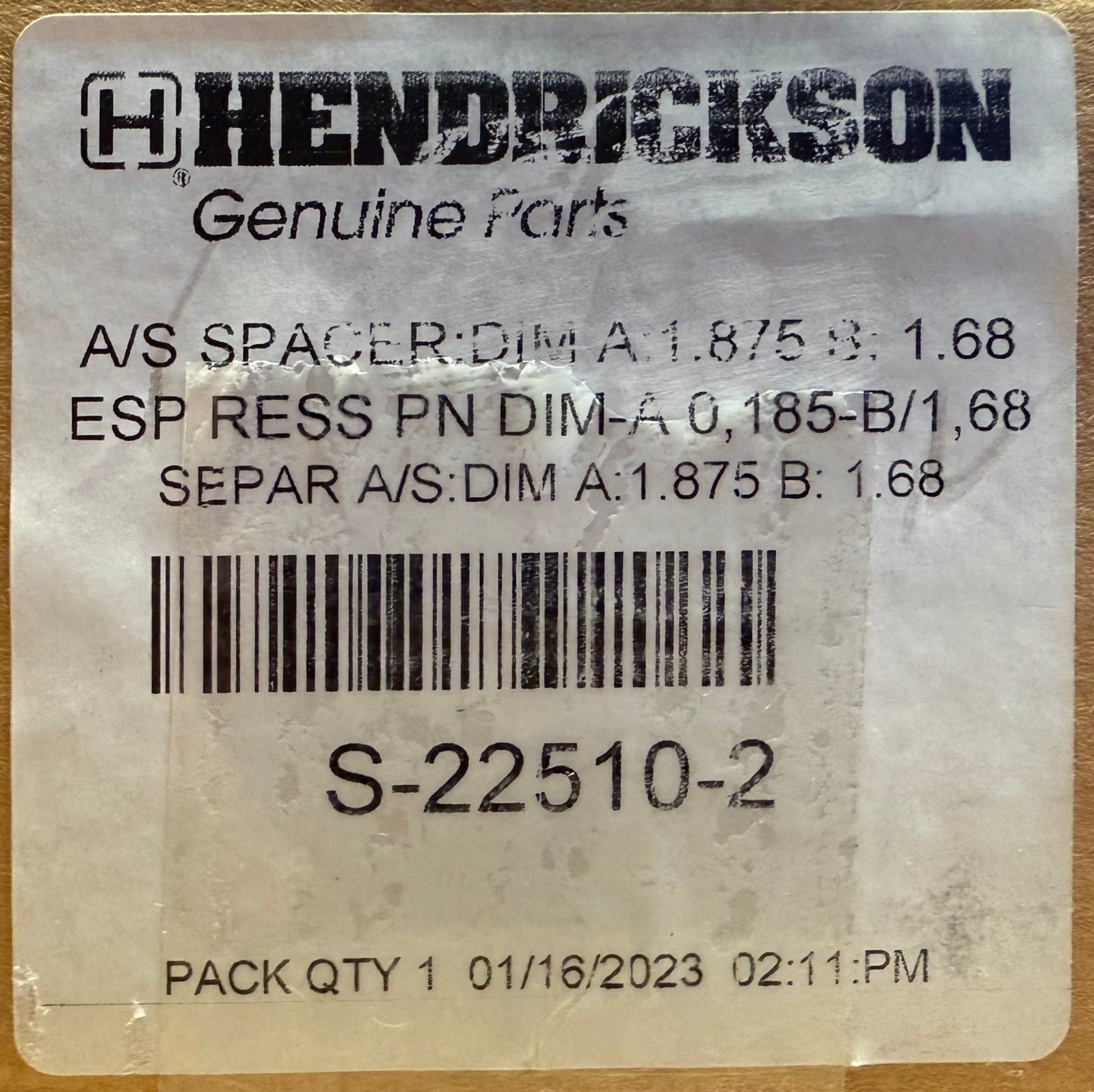 HENDRICKSON Airbag Spacer S-22510-2
