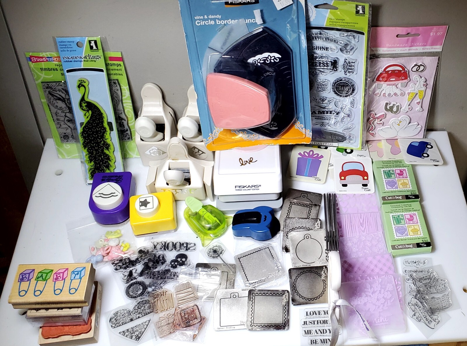 64 Pc Lot SCRAPBOOK SUPPLY 9 Shape Punches, Stickers Die Cut Shapes & Stamps