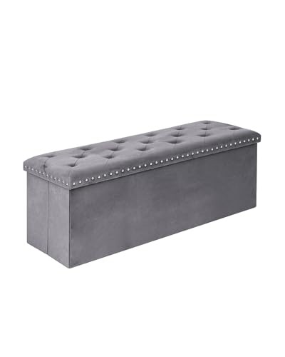 Velvet Storage Ottoman Bench, 43.3" Upholstered Tufted Ottoman with Grey