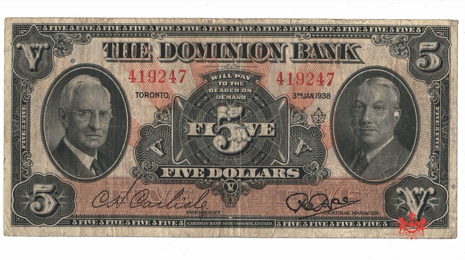 1938 The Dominion Bank 5$ 419247 - VF - 220-28-02