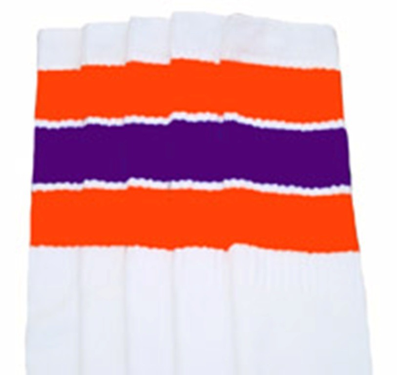 22" KNEE HIGH WHITE tube socks with ORANGE/PURPLE stripes style 5 (22-136)