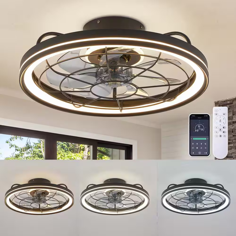 19 In. Indoor Integrated LED Modern Farmhouse Ceiling Fan with Light, Flush M...