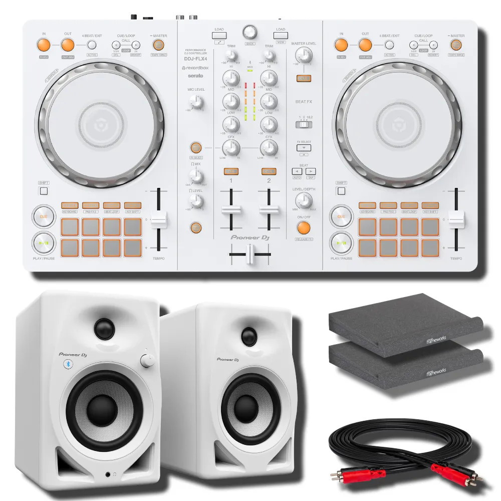 Pioneer DJ DDJ-FLX4-W White 2-Ch DJ Controller w/ DM-40D-BT-W White BT Monitors
