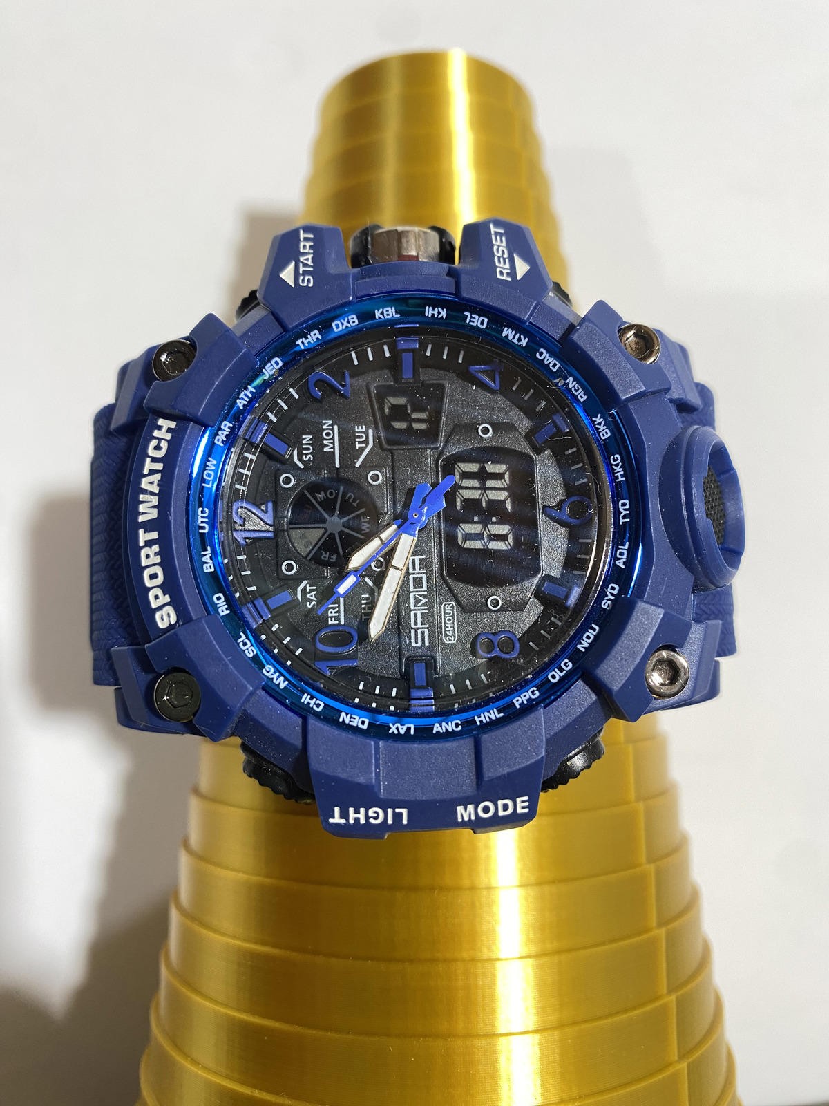Blue Sport Watch with Digital and Analog Display