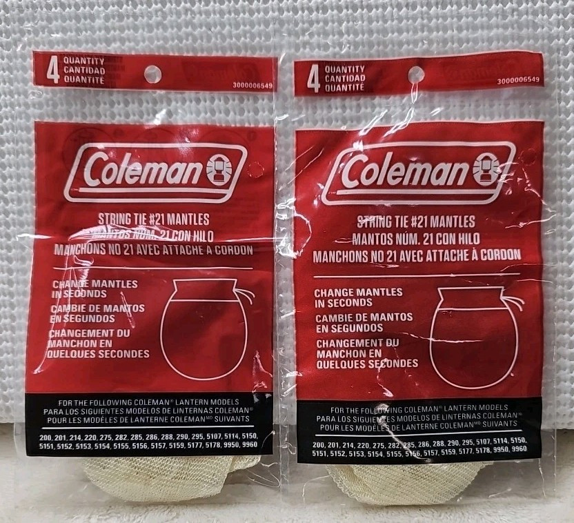 ORIGINAL NEW COLEMAN LANTERN MANTLES #21 STRING TIE 2 packs of 4 (8 MANTLES)