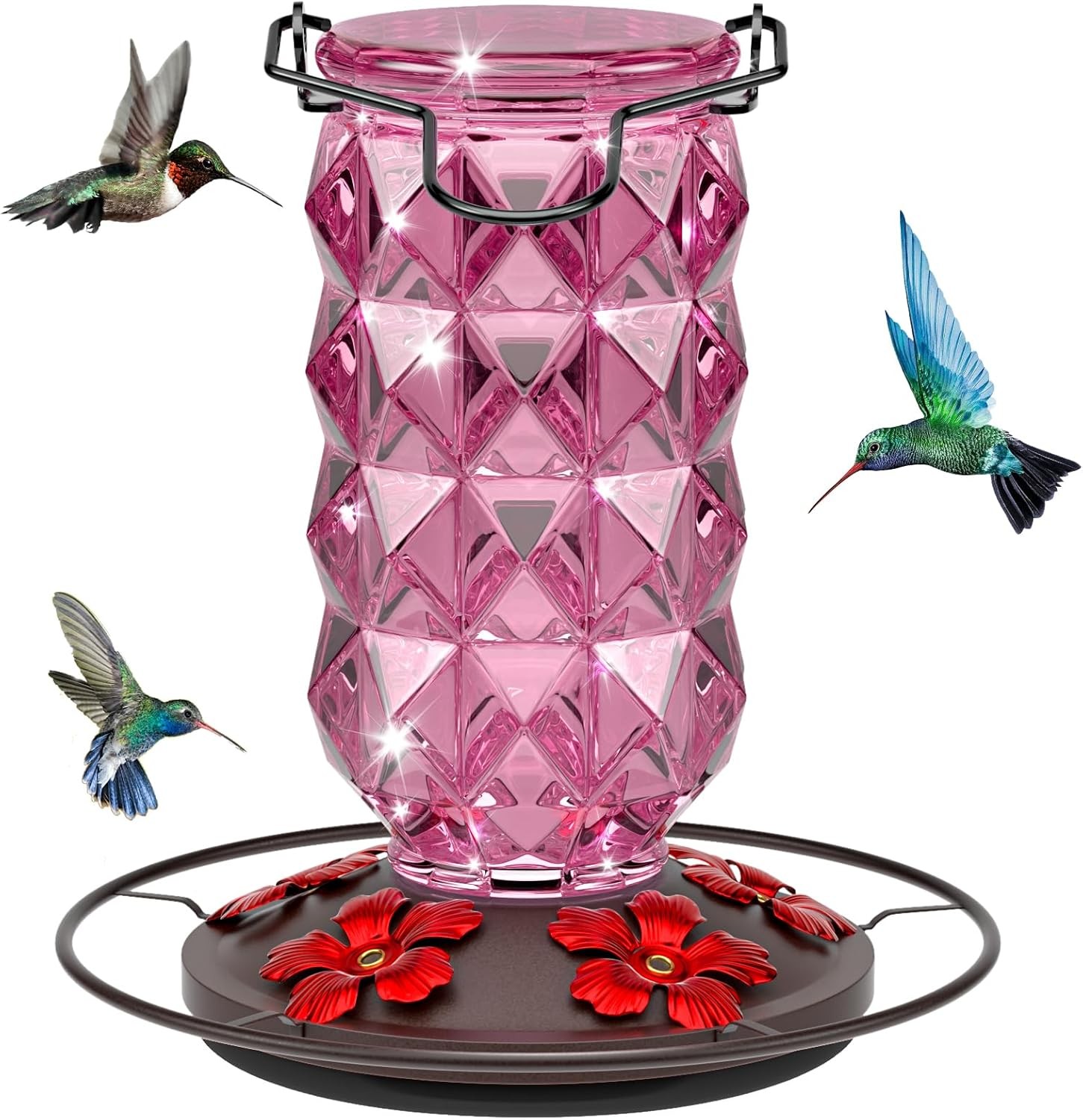 Glass Hummingbird Feeders for Outdoors, 25 Ounces Wild Diamond Sparkling Pink