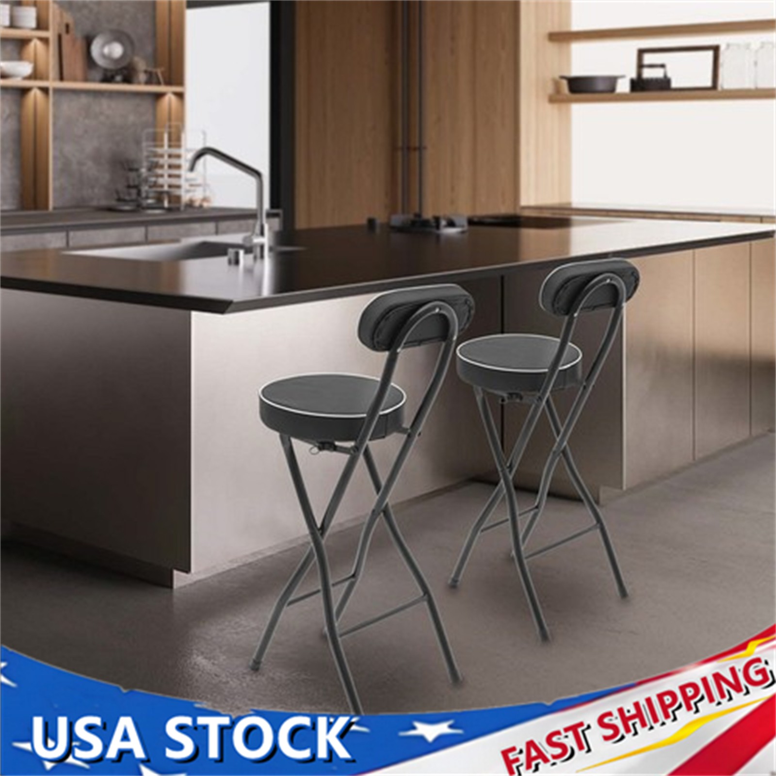 2pcs Black Counter Stool Bar Stool Portable Folding Kitchen Dining Chair