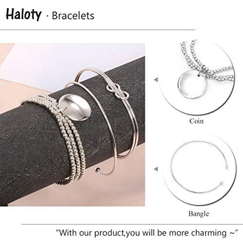 Boho Layered Knot Bangle Stackable Bracelets Silver Dainty Coin Beaded Hand