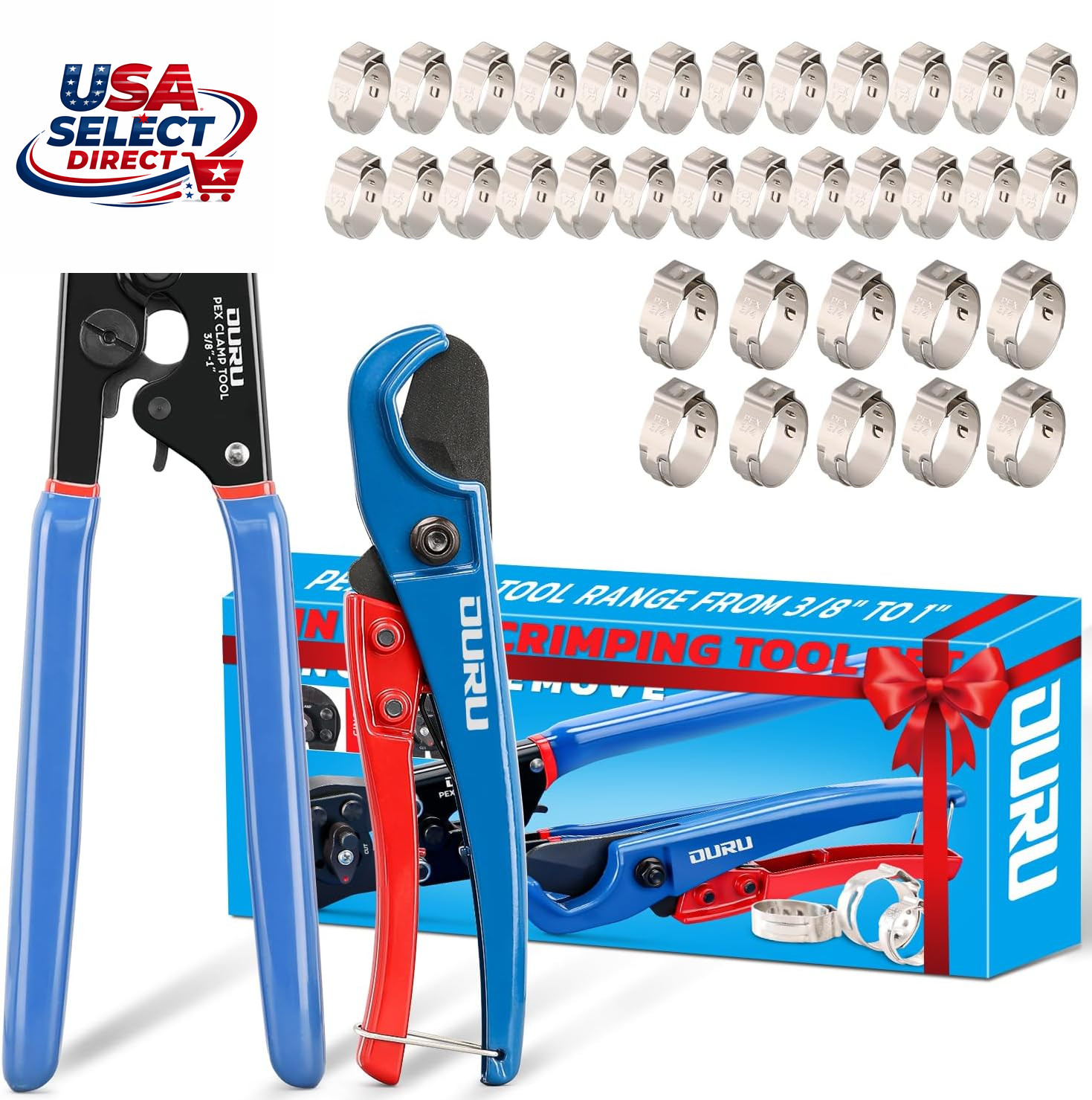 2 in 1 Ratchet Pex Crimping Tool with Cutter and Clamps 25PCS 1/2" 10PCS 3/4"