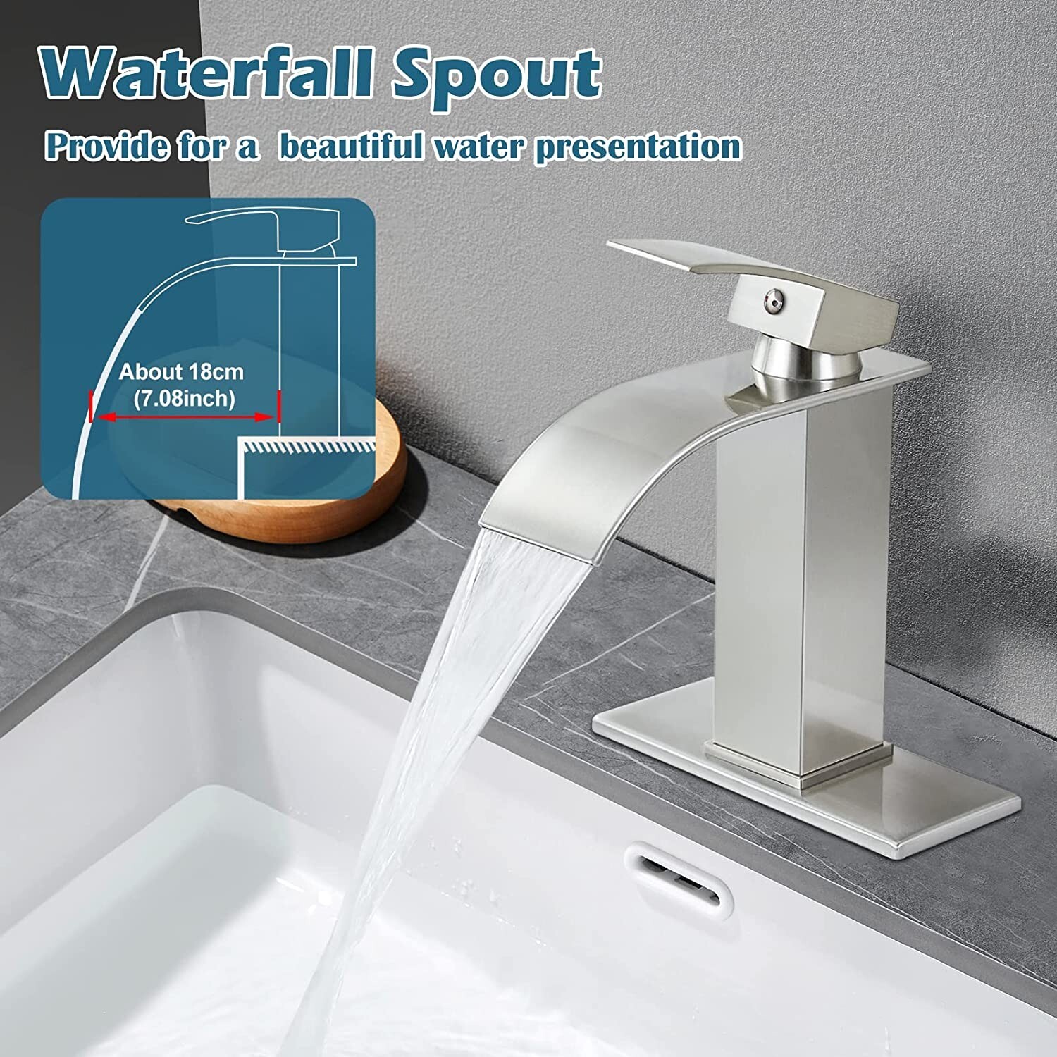 Waterfall Bathroom Sink Faucet Basin Lavatory Single Handle Mixer Tap W/6''Cover