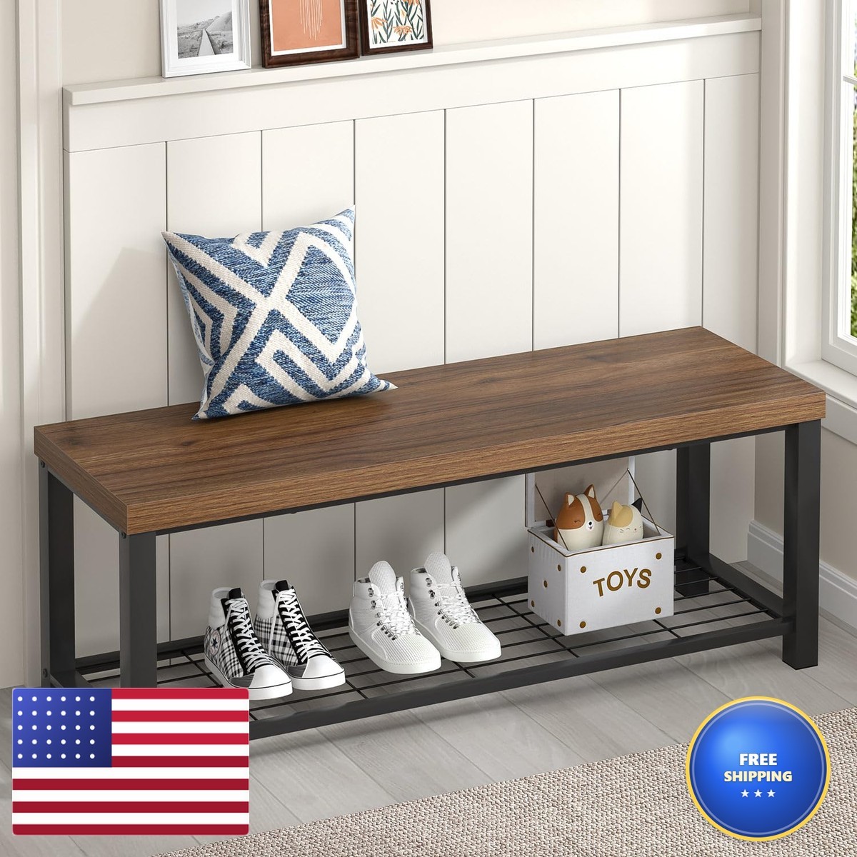 Foluban Shoe Bench Modern Wood And Metal Storage Bench Entryway Hallway