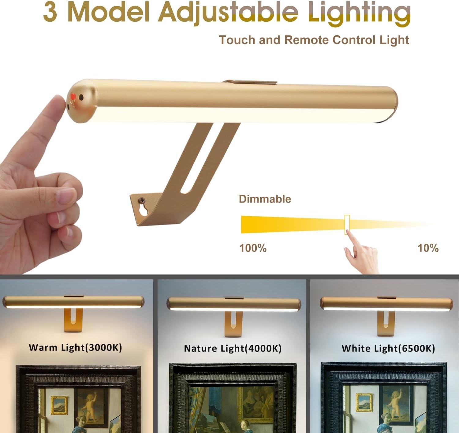 Picture Light, Rechargeable Light for Paintings with Remotes, Gold