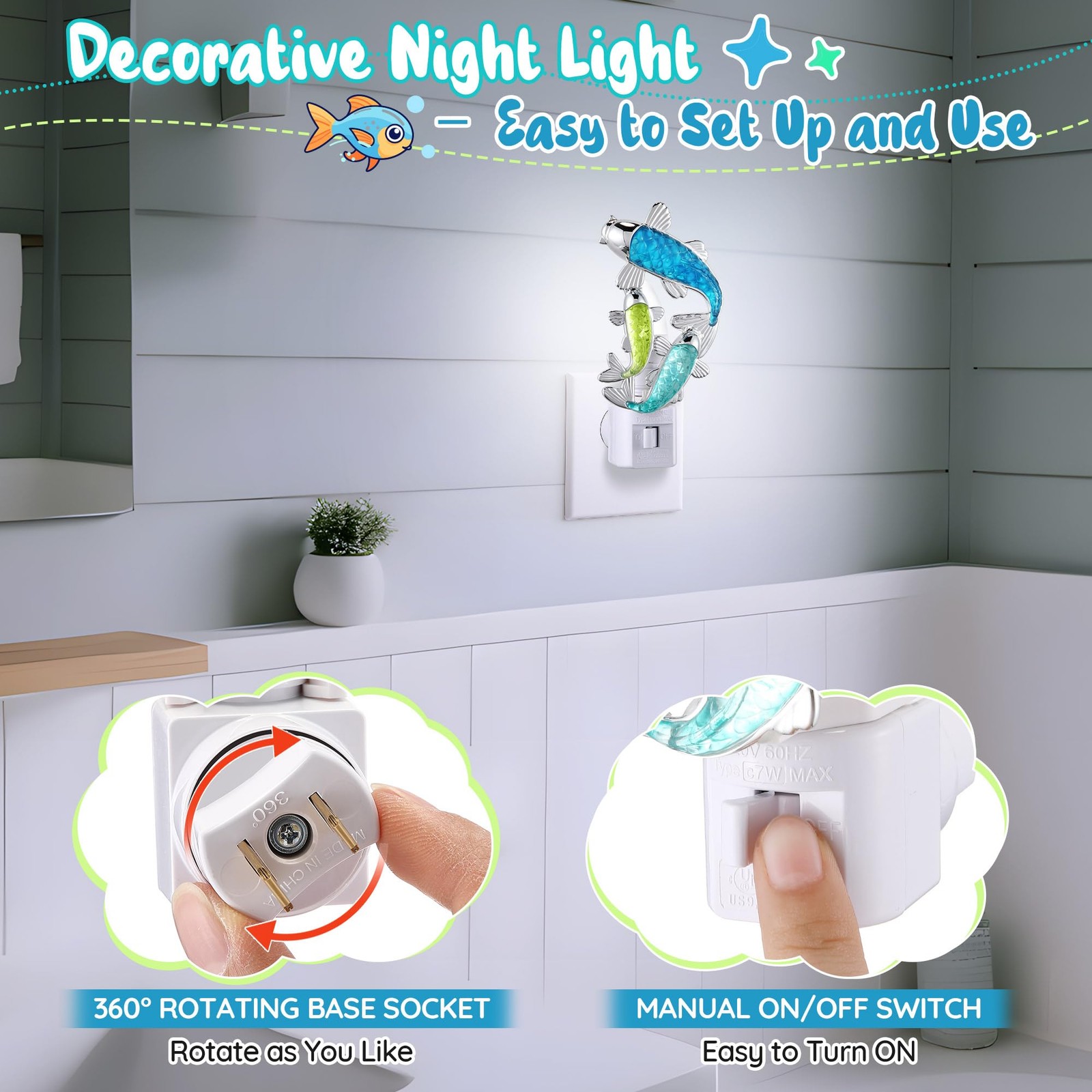 Fish Night Light, Beach Night Light, Plug into Wall Lamp with Manual Switch, ...