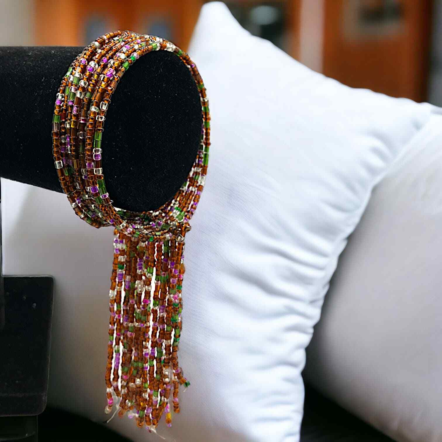 Homemade Purple White & Green Beaded Wire Cuff with Tassels Bracelet!