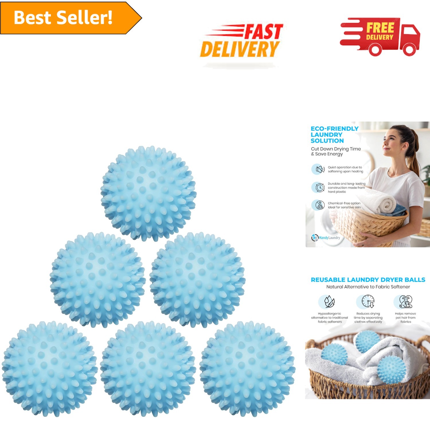 Durable Light Blue Reusable Laundry Dryer Balls - Fewer Wrinkles and Less Static