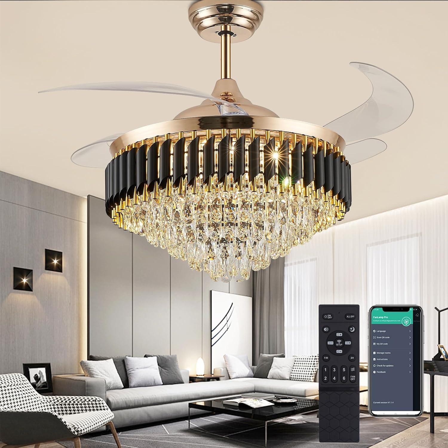 52" Gold Fandelier Ceiling Fans with Lights and Remote,Dimmable LED Crystal Chan