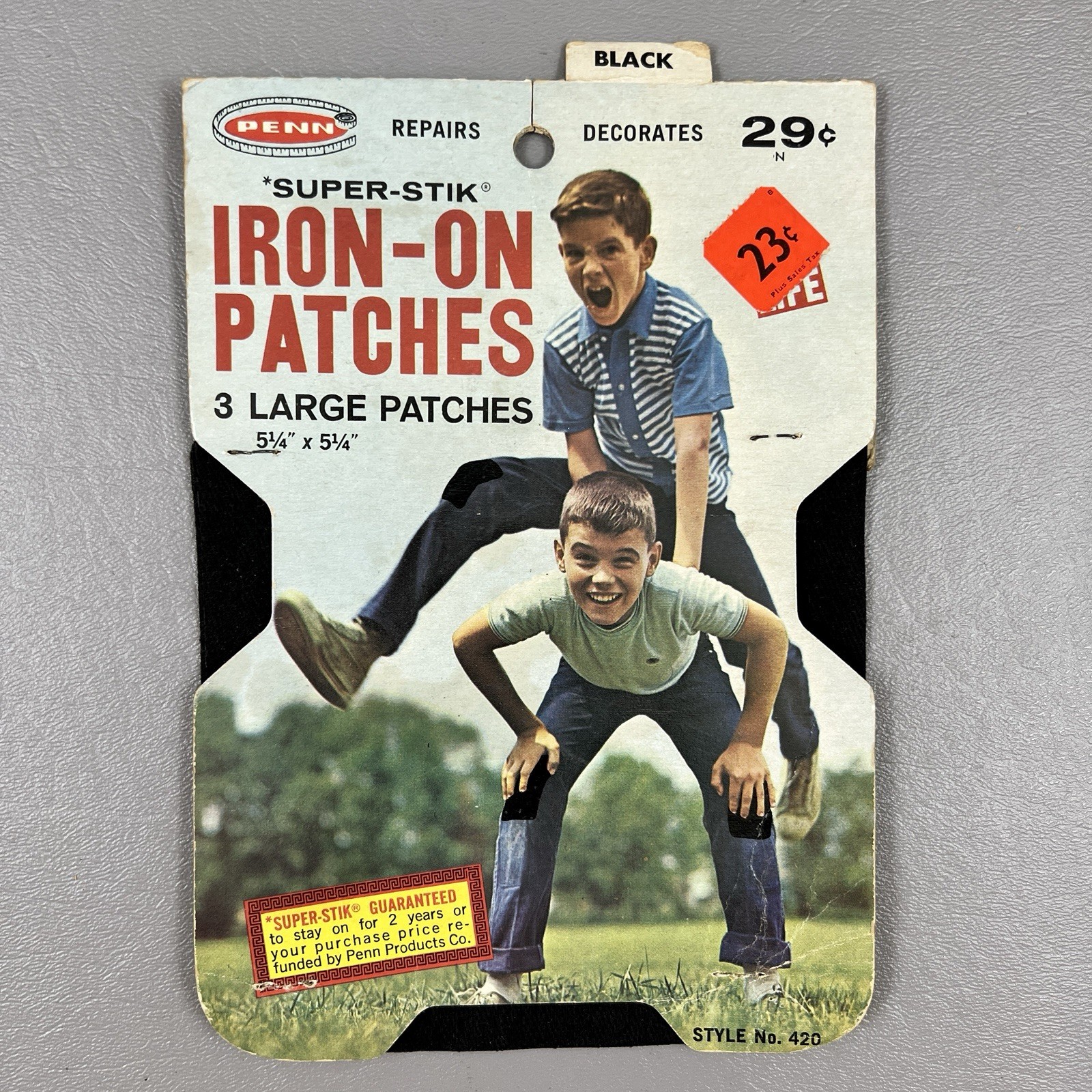 Vintage Penn Stick Iron On Patches Black Fabric Repair Kit USA Large 5 1/4"