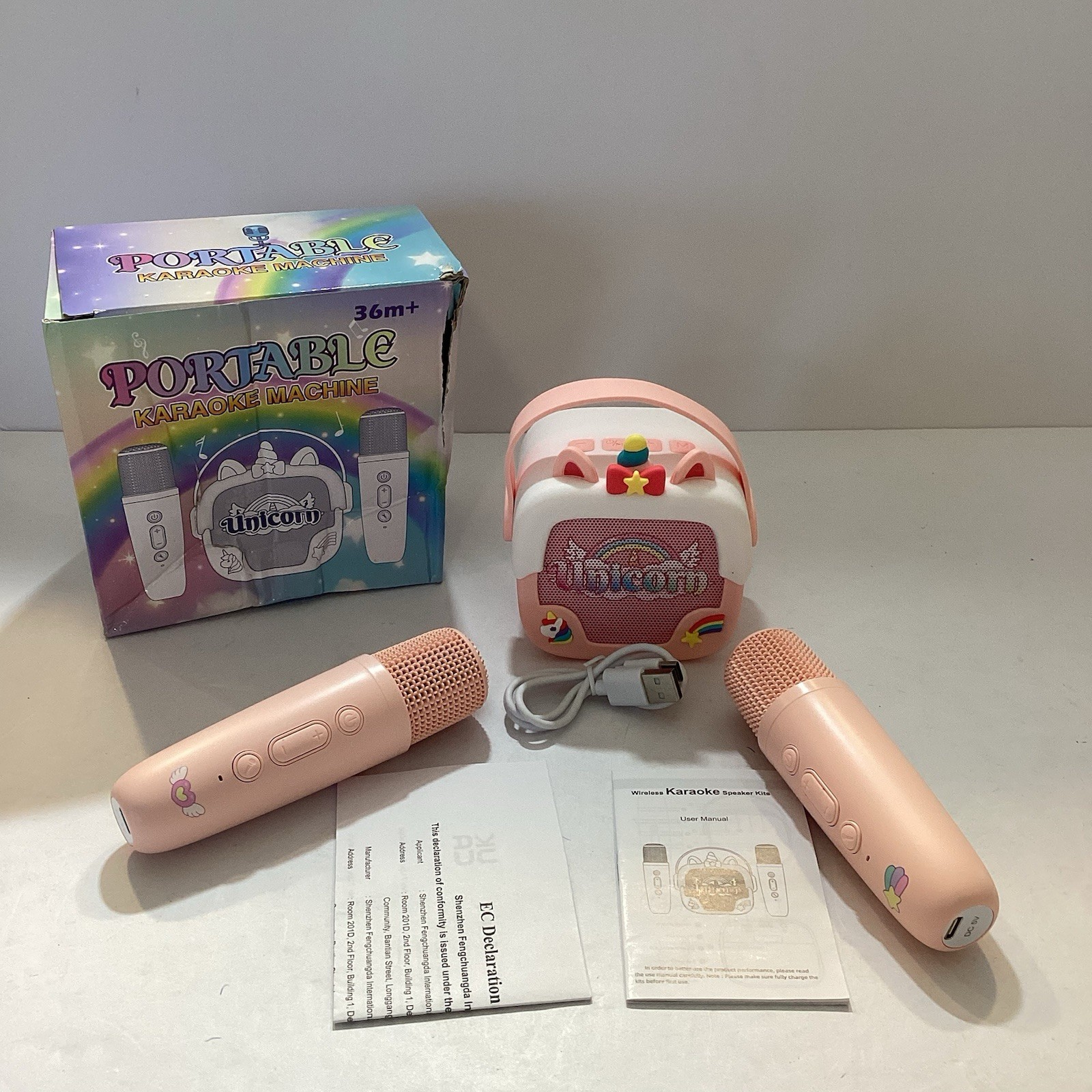NEW Kids Unicorn Portable Karaoke Machine w/ 2 Microphones Toy 36m+ Charge Cord