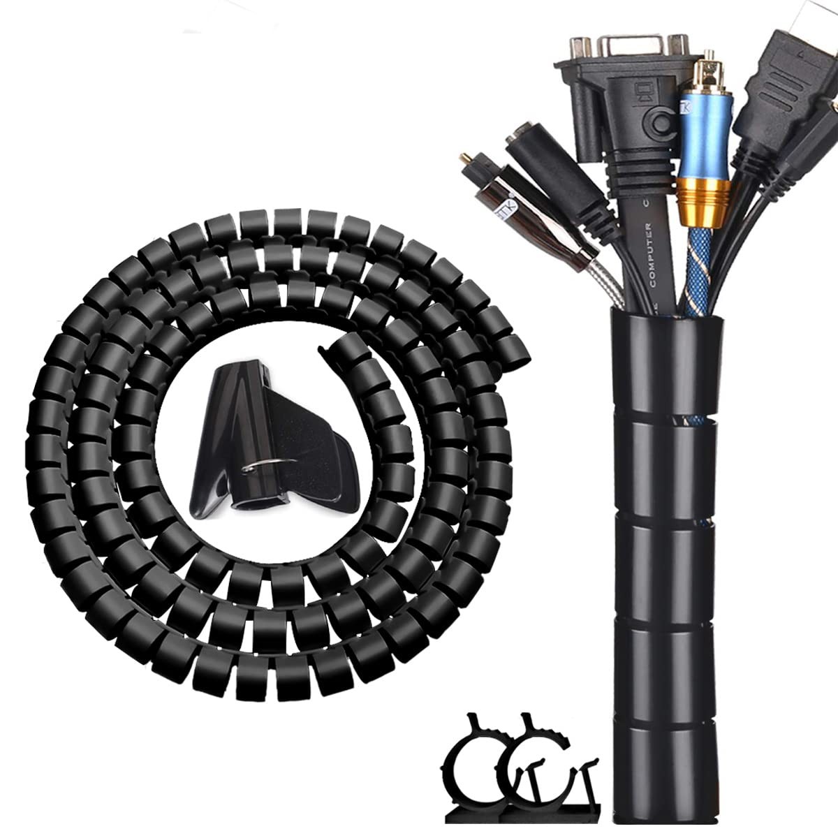 Black Computer Cable Management Sleeve Tube Under Desk Cord Organizer, 7/8 inch