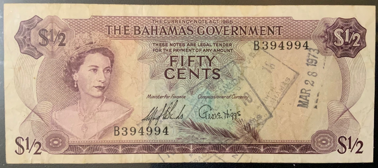 1965 BAHAMAS PAPER MONEY - 50 CENTS BANKNOTE!