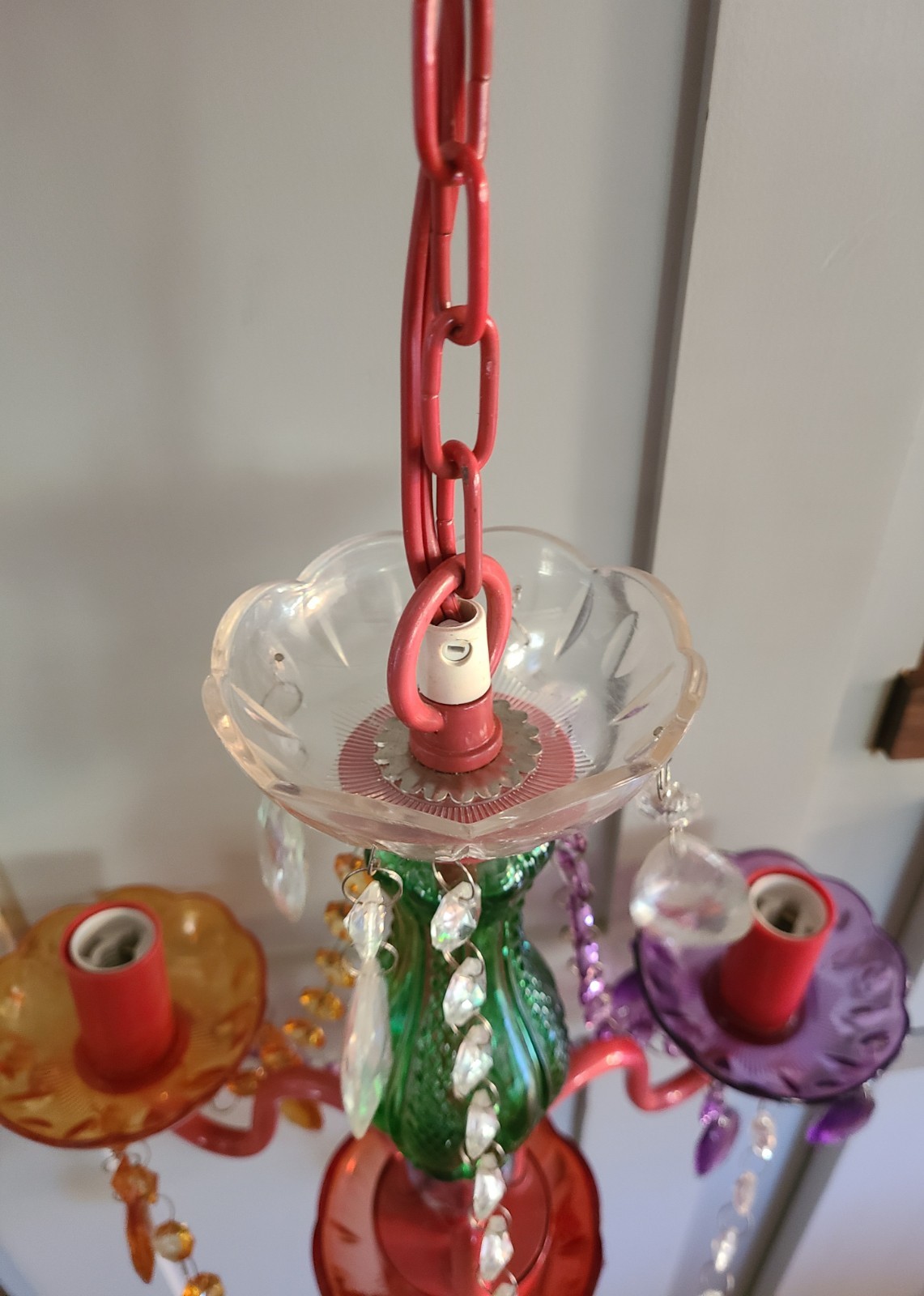 Multicolor 3 Light Chandelier Acrylic Crystal Glass Central Stem Plug In