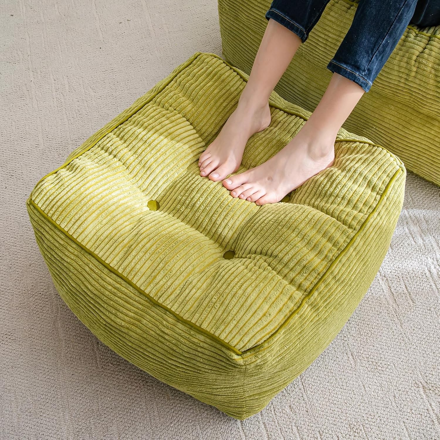Square Stuffed Pouf Ottoman Corduroy Poufs W/ Foam Chunk Filling Furry & Fluffy