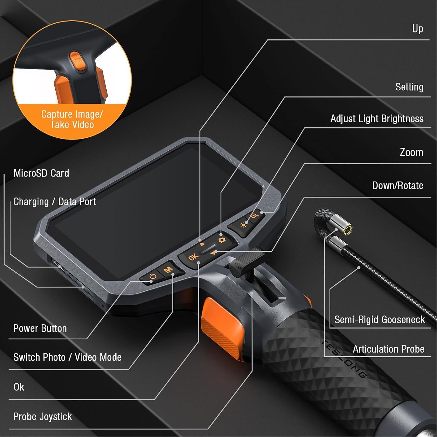 Teslong 6.5mm Two-Way Articulating Borescope Endoscope Inspection Camera 10FT