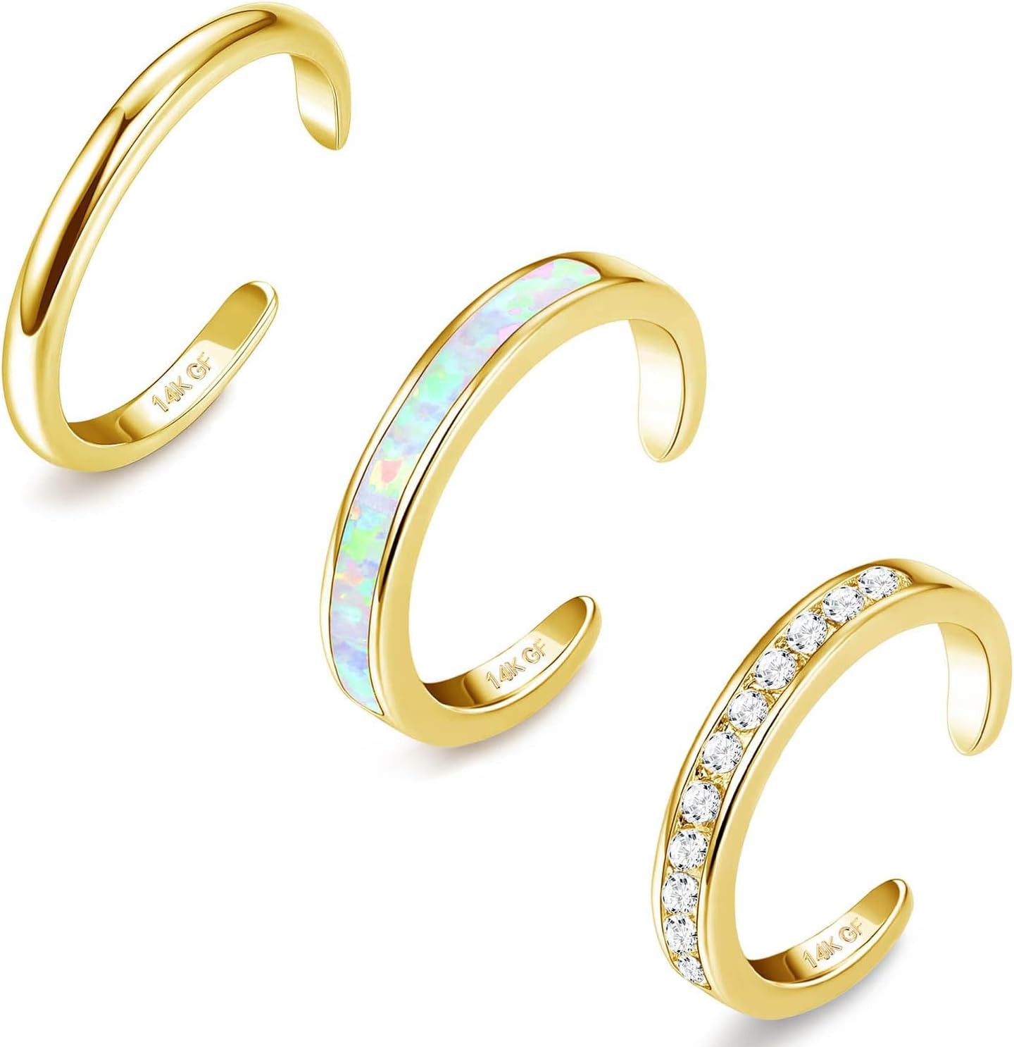 Jstyle 3PCS 14K Gold Filled Toe Rings for Women Adjustable Silver