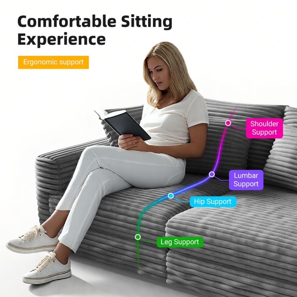 Modern Corduroy 3-Seat Cloud Sofa w/ Ottoman, Deep Seat Chair Grey