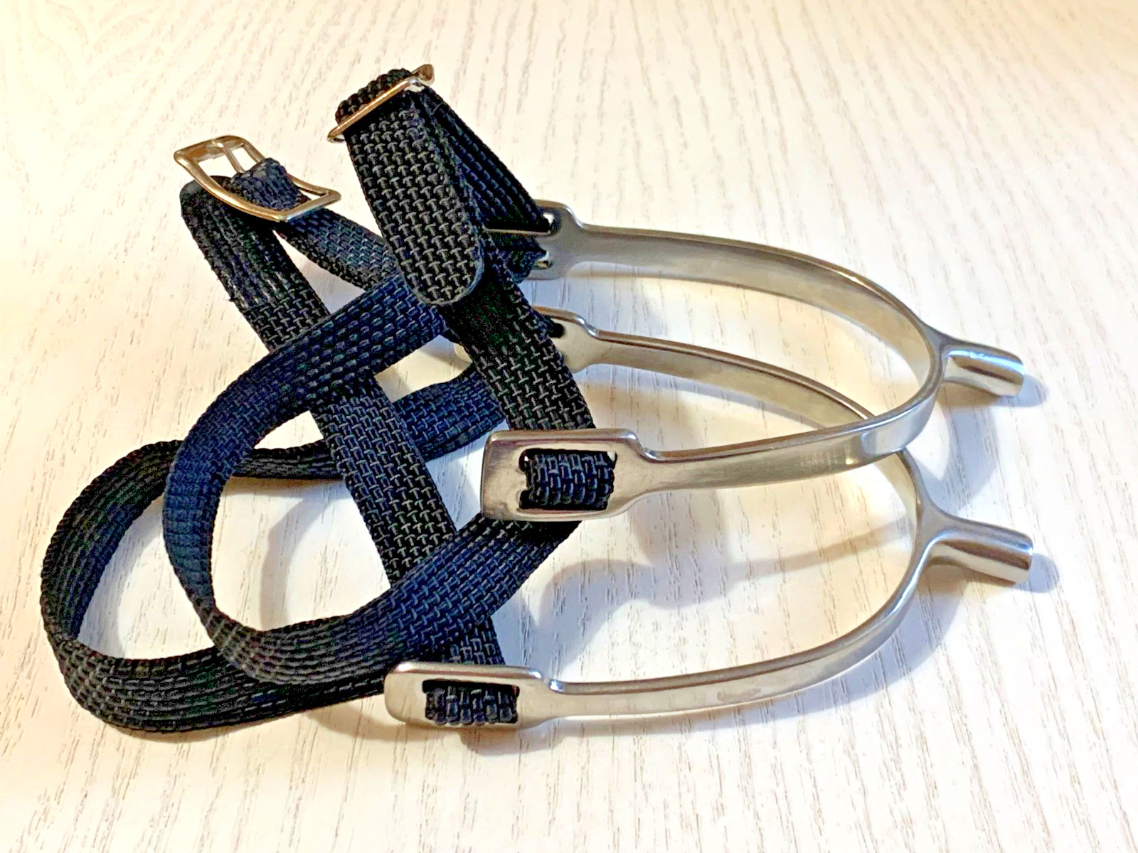 Stainless Steel SPURS Adjustable BLACK STRAPS English Equestrian 5/8" BLUNT NECK