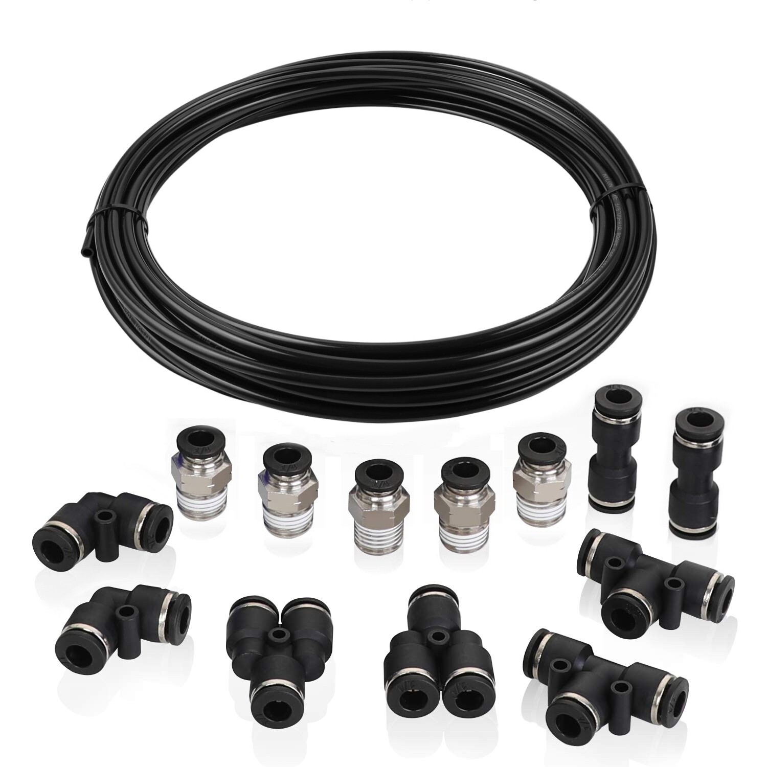 Air Line Tubing Kit 3/8'' OD 33ft Nylon 1/8'' NPT Push to Connect Fittings 6Pcs