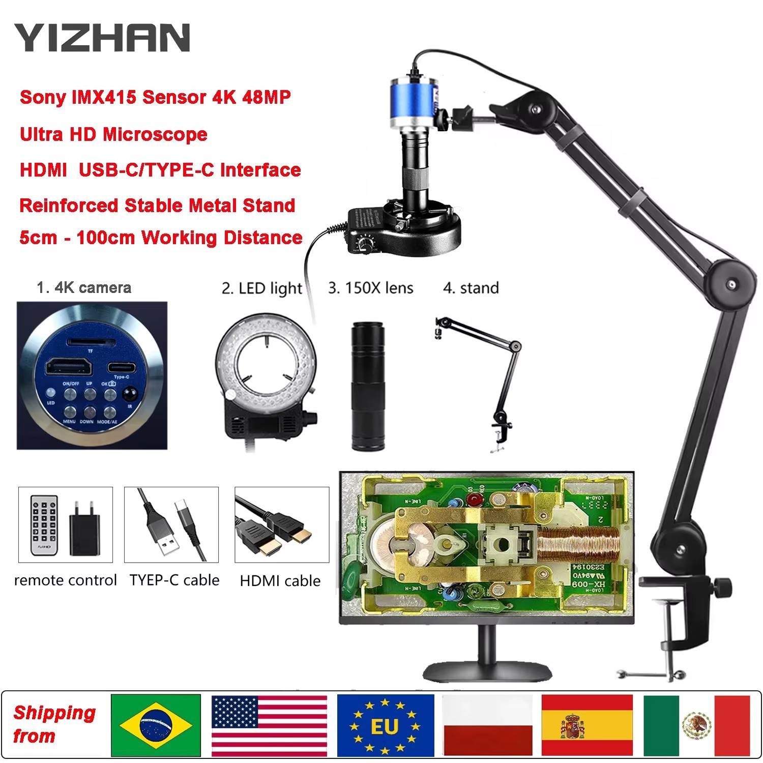 Digital Microscope 4K HDMI USB Soldering Repair Monocular