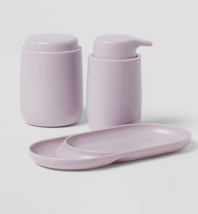 Room Essentials~ 3pc Lavender Bath Bundle Set: Soap Tray & Pump & Canister