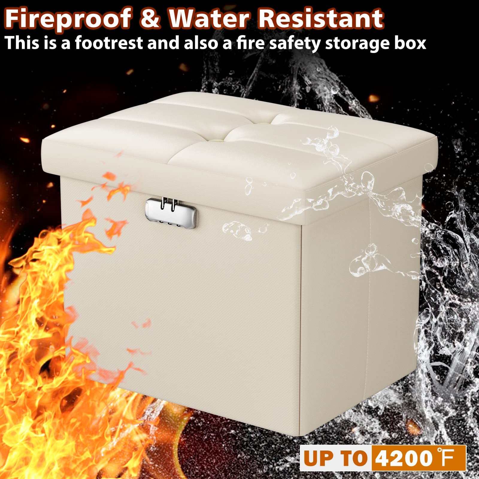 Small Ottoman with Storage, 17 x 13 x 13 inch Fireproof Safe Folding Ottoman ...